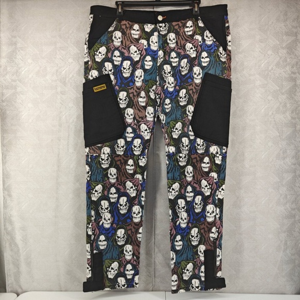 BRAND X Mens Cargo Pants Grim Reaper Skull Print Black Size 42